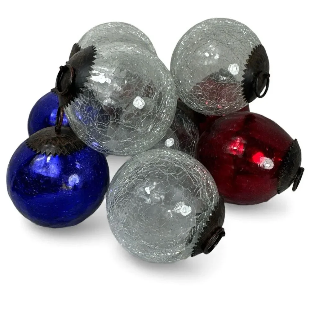 10 German Craquelle Crackle Glass Kugel Christmas Ornament Red Blue Clear 4”